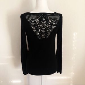 Anthropologie Black Sweater crochet design on the back size small